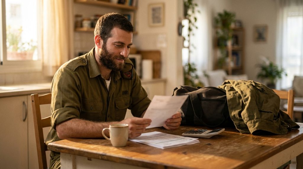 החזר מס למשרתי מילואים: לוחם מילואים בודק מסמכים במטבח בבית