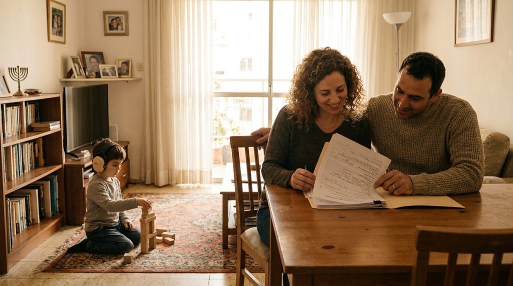 החזר מס להורים לילד עם צרכים מיוחדים: הורים בודקים מסמכים לצד הילד