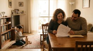 החזר מס להורים לילד עם צרכים מיוחדים: הורים בודקים מסמכים לצד הילד